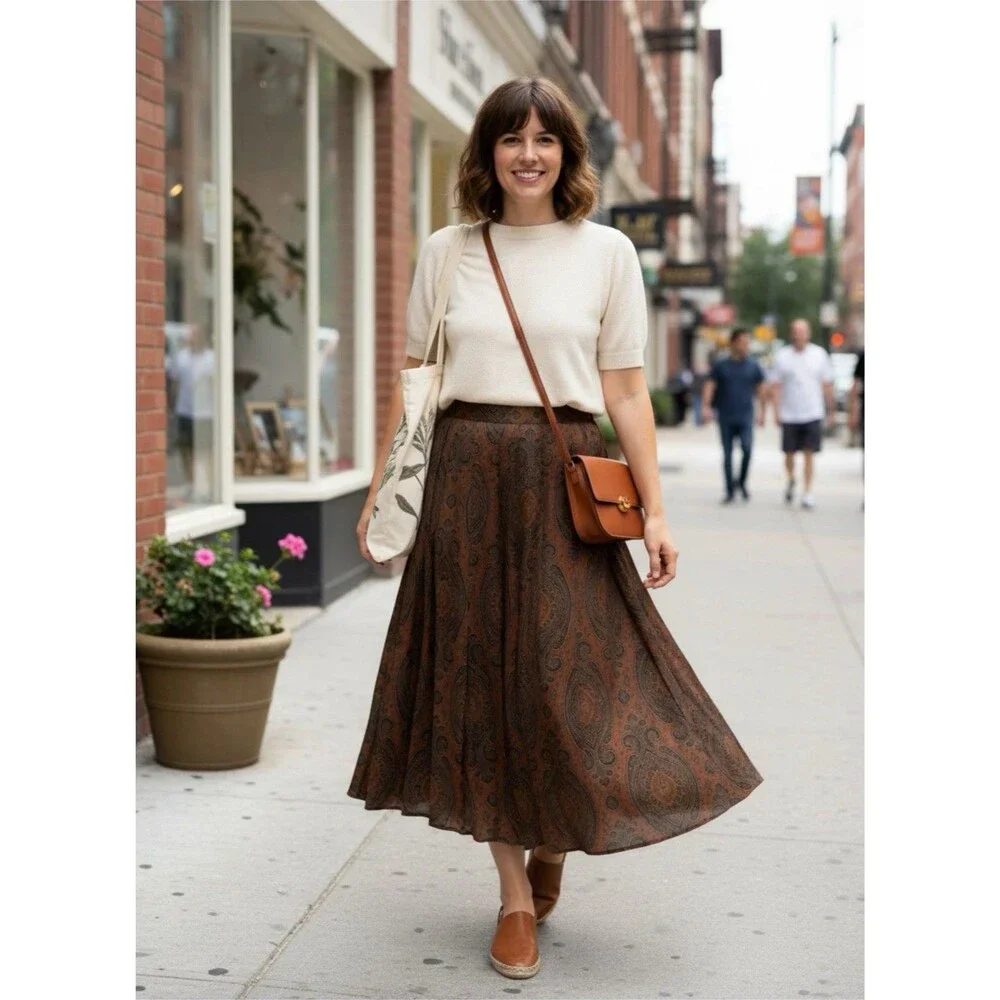 Vintage‎ Ann Taylor Paisley Rayon Maxi Skirt Brown Gold Size 8 Pleated Boho 90s